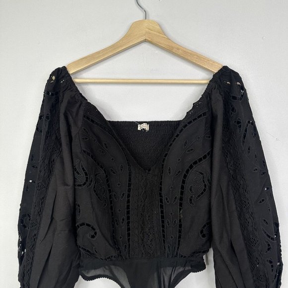 Free People Intimately Regina Eyelet Bodysuit Black XS Broderie Floral - Picture 5 of 11